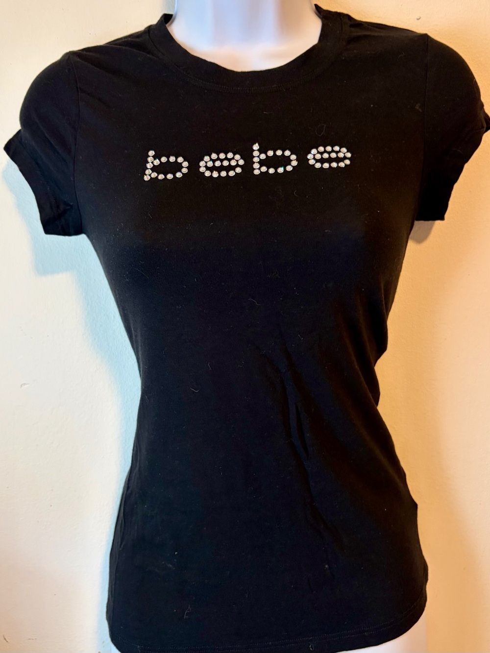 bebe Black Short Sleeve Tee with Crystal Logo Detail